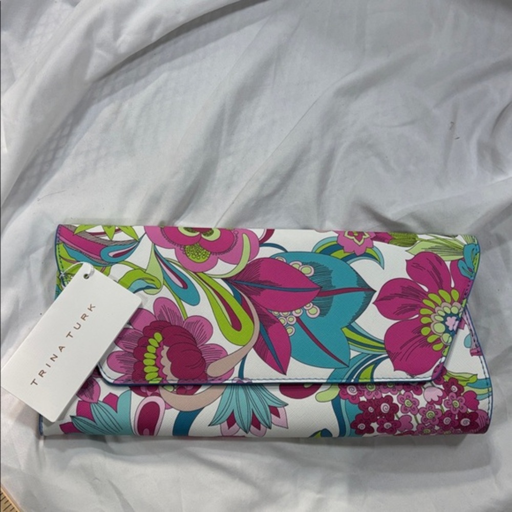 Trina Turk summer floral multicolor snap closer purse bag clutch and dust bag
